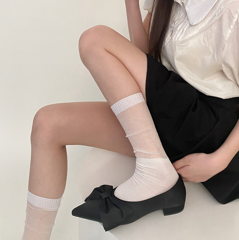 Summer Slightly See-Through Korean Style Bright Silk Splicing Breathable Sparkling Long and Short Two-Wear Pile Socks Spring and Summer Ins Calf Socks Summer Slightly See-Through Korean Style Bright Silk Splicing Breathable Sparkling Long and Short Two-Wear Pile Socks Spring and Summer Ins Calf Socks