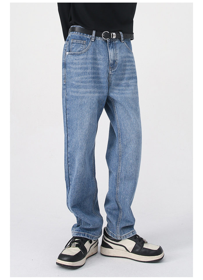 Quần jean nam ống thẳng lửng 9 tấc dáng rộng giặt wash phong cách Hàn Quốc — Màu đen, Denim xanh, Xanh lam đậm, Đen Xám chi tiết 5