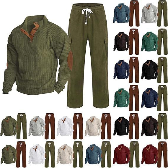 Cross-border men's autumn and winter new sportswear two-piece corduroy button henry shirt and straight pants casual suit