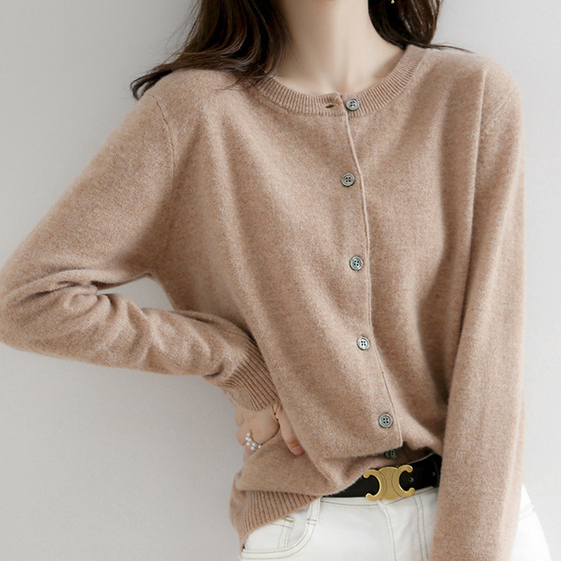 Soft Waxy Cardigan Women's Round Neck Jacket Autumn and Winter New Knitted Knitwear Short Slim Fit Versatile Long-Sleeved Top