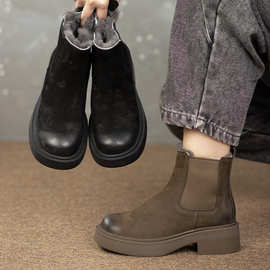 冬季真皮中筒短靴2023秋冬新款套筒加绒加厚休闲切尔西潮靴女靴