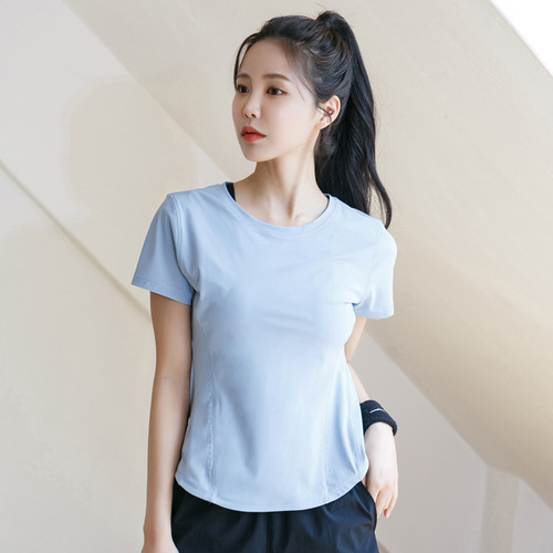 New KOREAN Style Women's Fitness Short Sleeve Yoga Running Exercise Slimming Line Breathable Solid Color Sports T-shirt