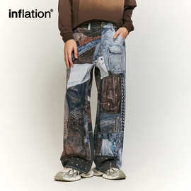 捷展严选|男装复古拼布数码印外贸牛仔裤秋冬美式街头宽松长裤