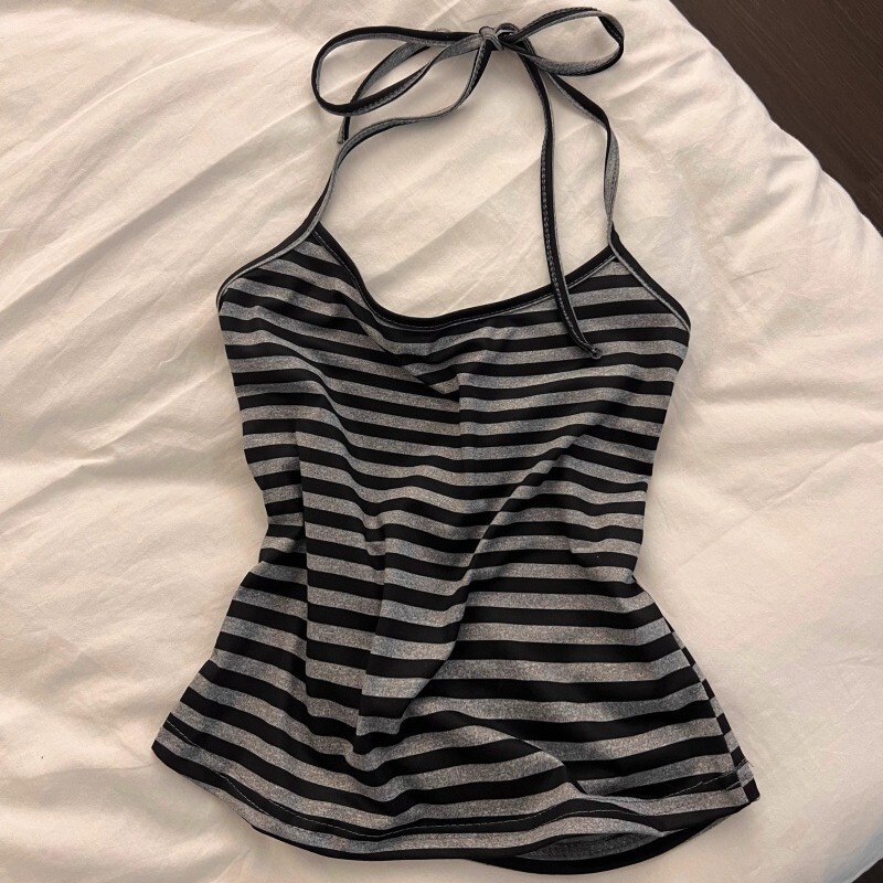 纯欲条纹系带挂脖小吊带睡衣女夏季辣妹带胸垫美背短裤家居服套装|undefined