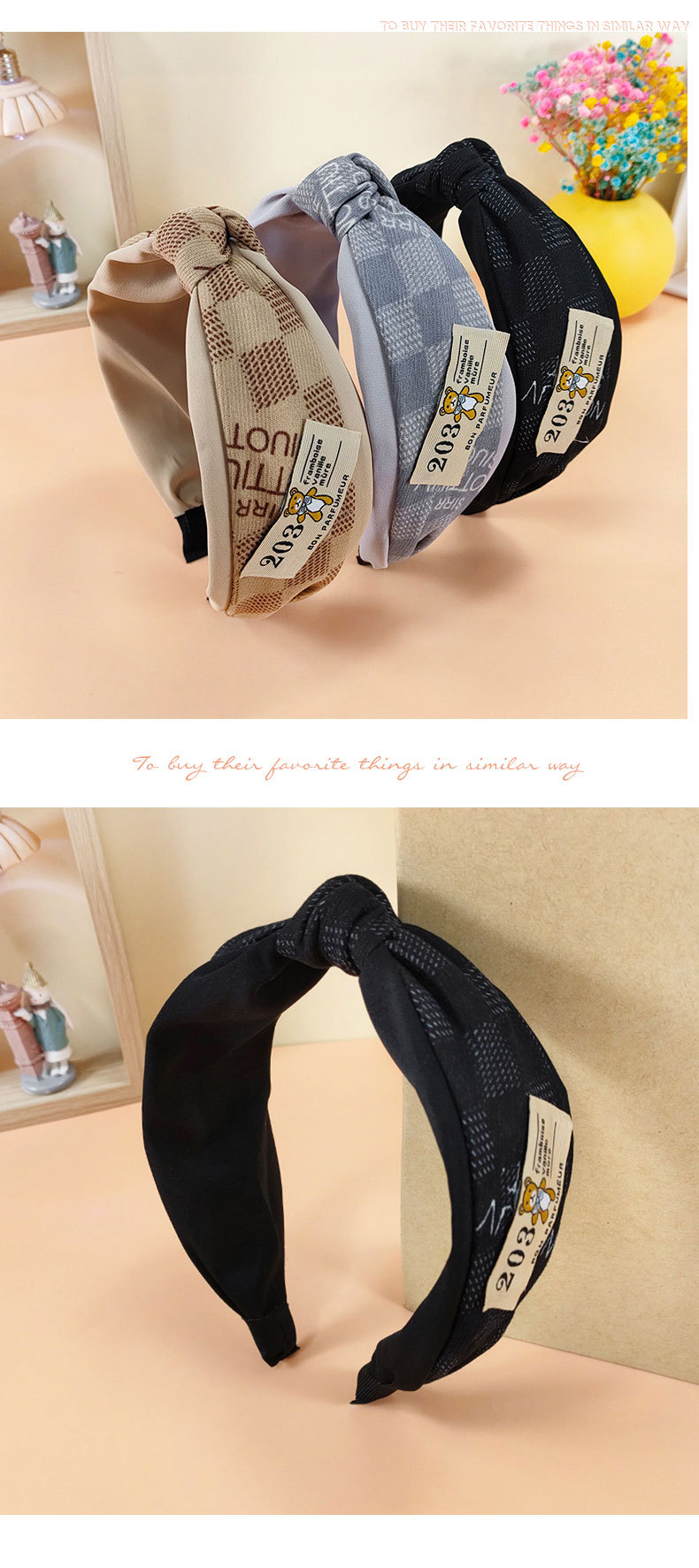 Korean Version Of Ins New Lattice Color Matching Headband Labeling Letter Bear Press Hairband display picture 4