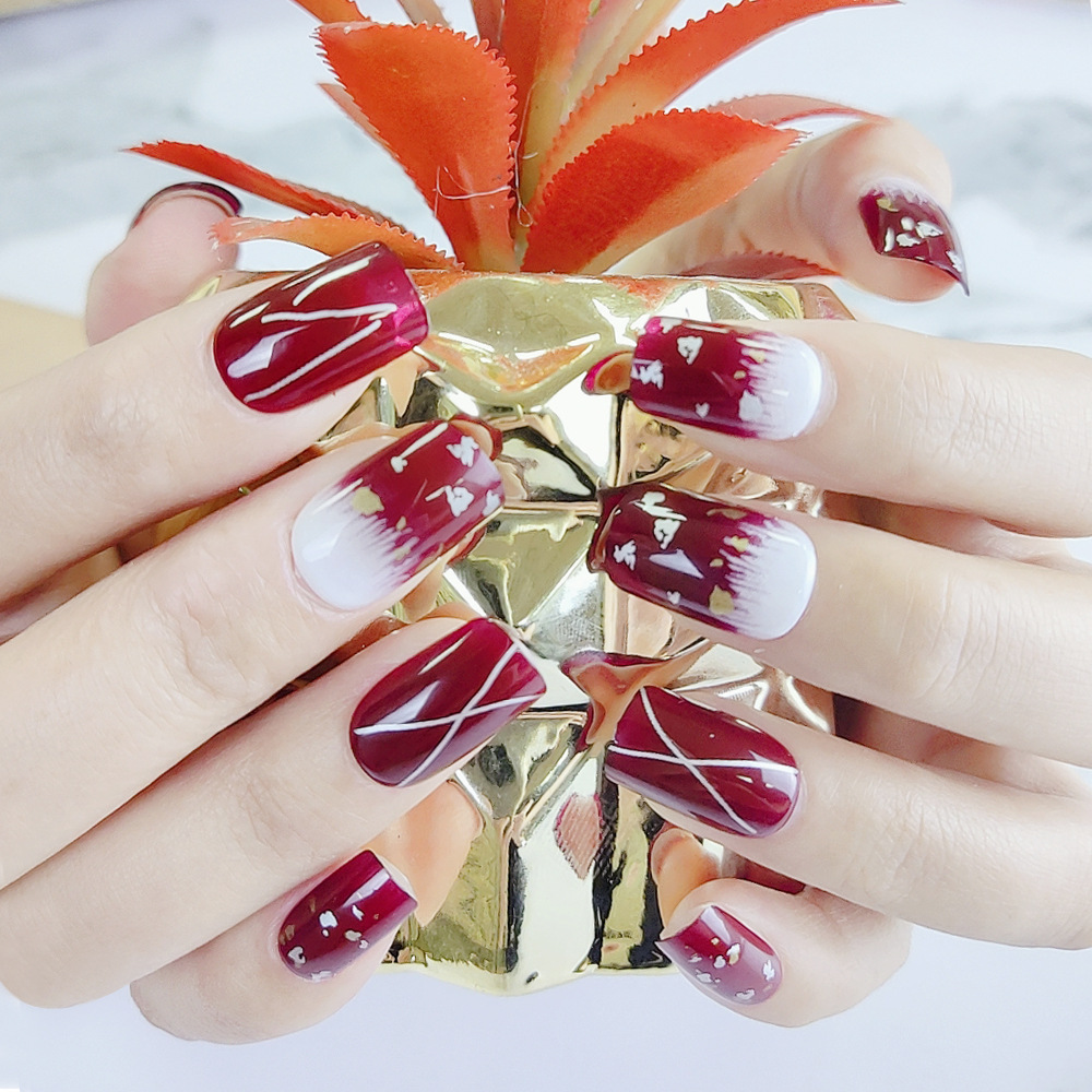 Las mejores ventas de uñas largas de cabeza plana, retrógrado, color rojo de uñas, 24 piezas de parche de uñas terminado