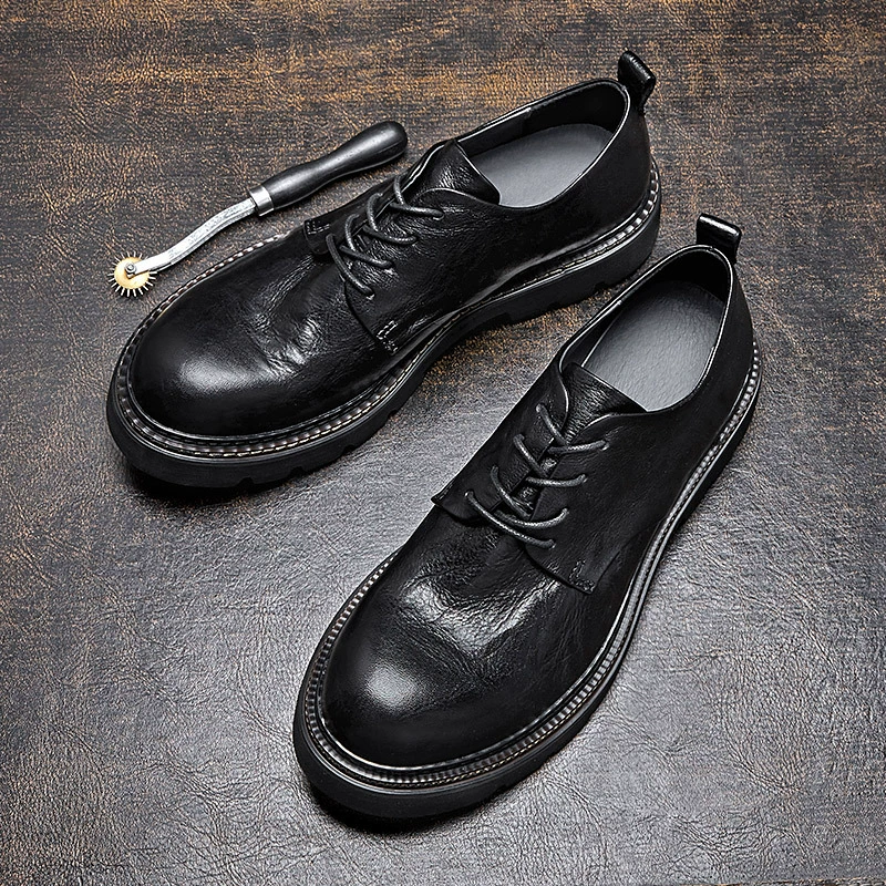 Кожаные туфли, мужская обувь, трансграничные эксперты, Осень-зима, новый Гонконгский стиль, Молодежная повседневная обувь на платформе с низким верхом, обувь в стиле Дерби, ретро, мода