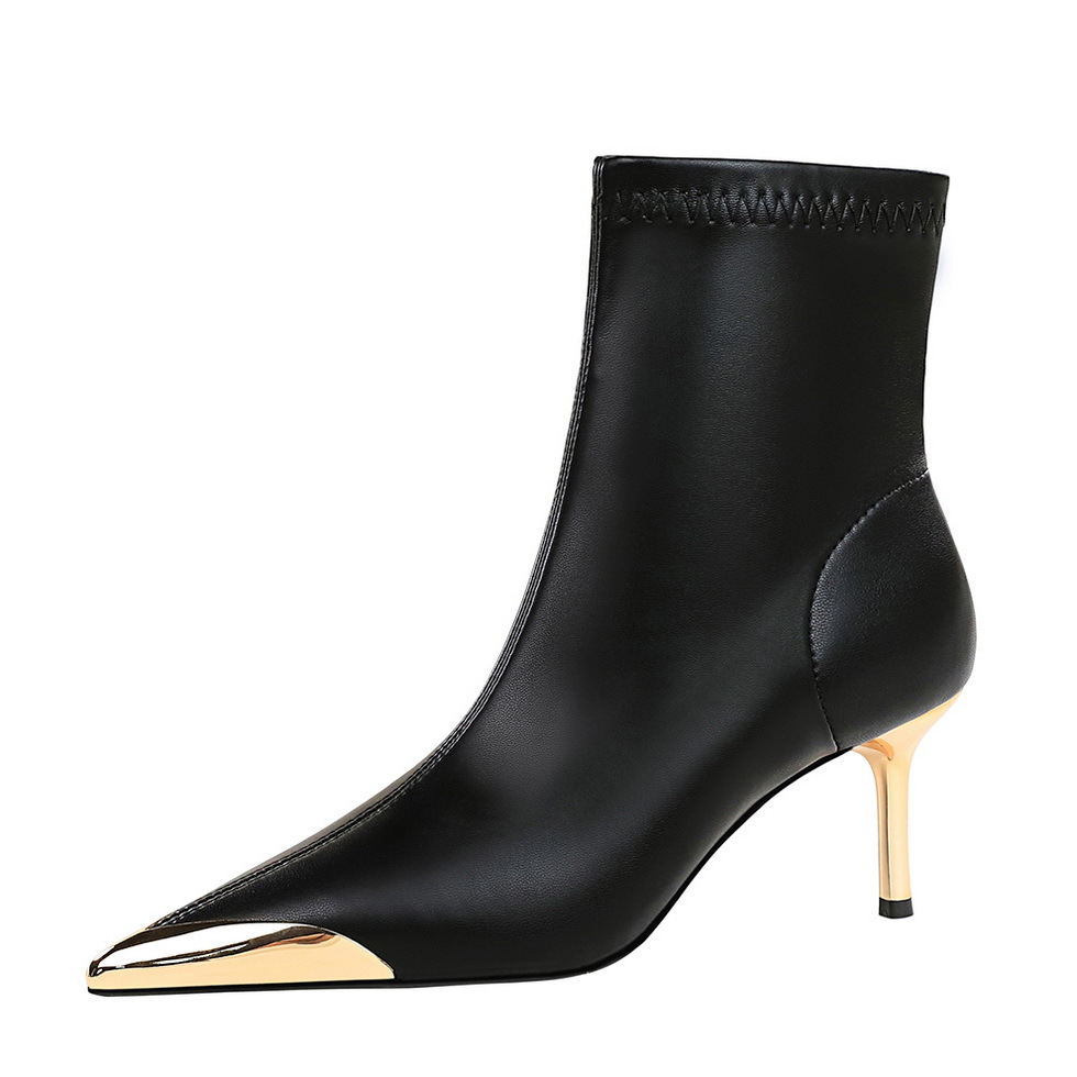 319-A11 Korean Style Simple Autumn Winter New Light Luxury Women's Thin Mid Heel Pointed Iron Toe Metal Decoration Short_vogvips.com
