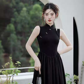 2024新中式国风黑色连衣裙女夏赫本风高级感收腰无袖背心长裙裙子