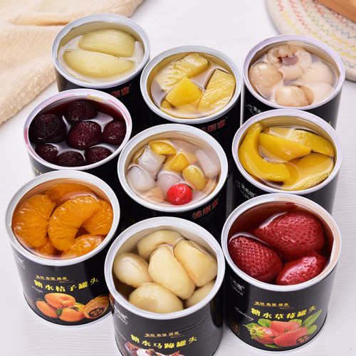 Canned fruit 6 cans mixed with yellow peaches, strawberries, whole boxes, whole pieces, snacks, beverages, lychees, oranges, hawthorns, water chestnuts, coconut fruit