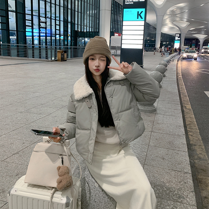 外贸羽绒棉服冬季2024新款时尚酷感机车风毛绒翻领短款外套上衣女