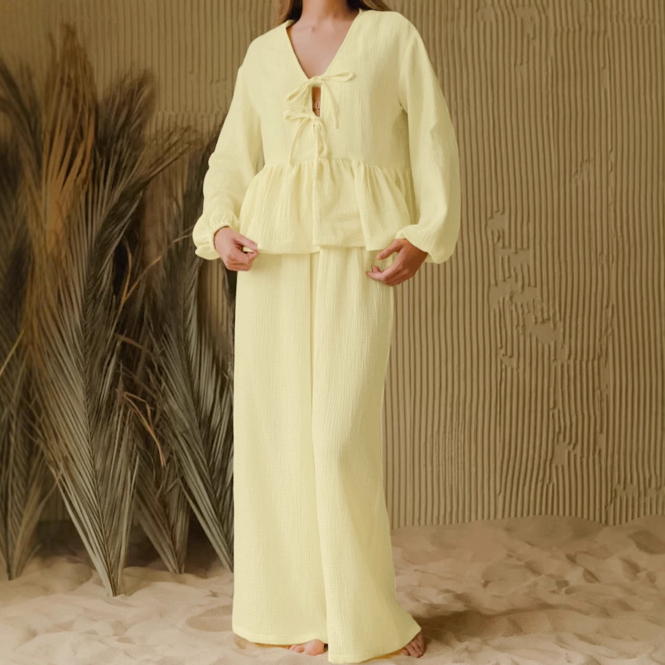 Yellow Pure Cotton Ruffled Long-Sleeved Long Pants Loose Pajama Set 2026 European and American Autumn Cross-Border Women's Loungewear
