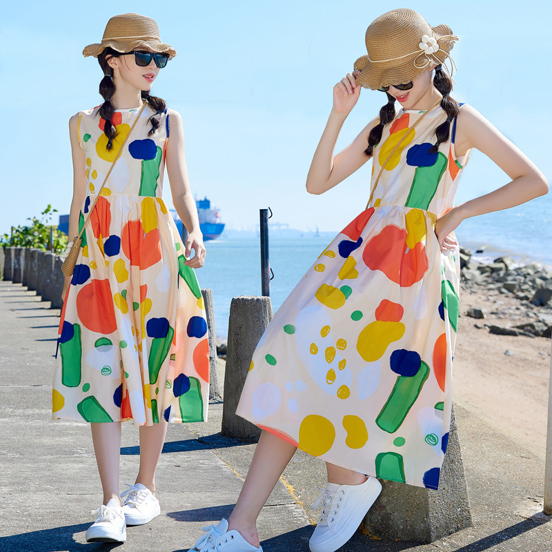 Corea del Sur ropa de los niños vestido las niñas falda graffiti 2024 verano nuevas niñas mayores de los niños sin mangas chaleco falda