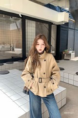 韩系短款风衣外套女英伦风立领收腰外套冰莓粉卡其深咖米白雪尼尔