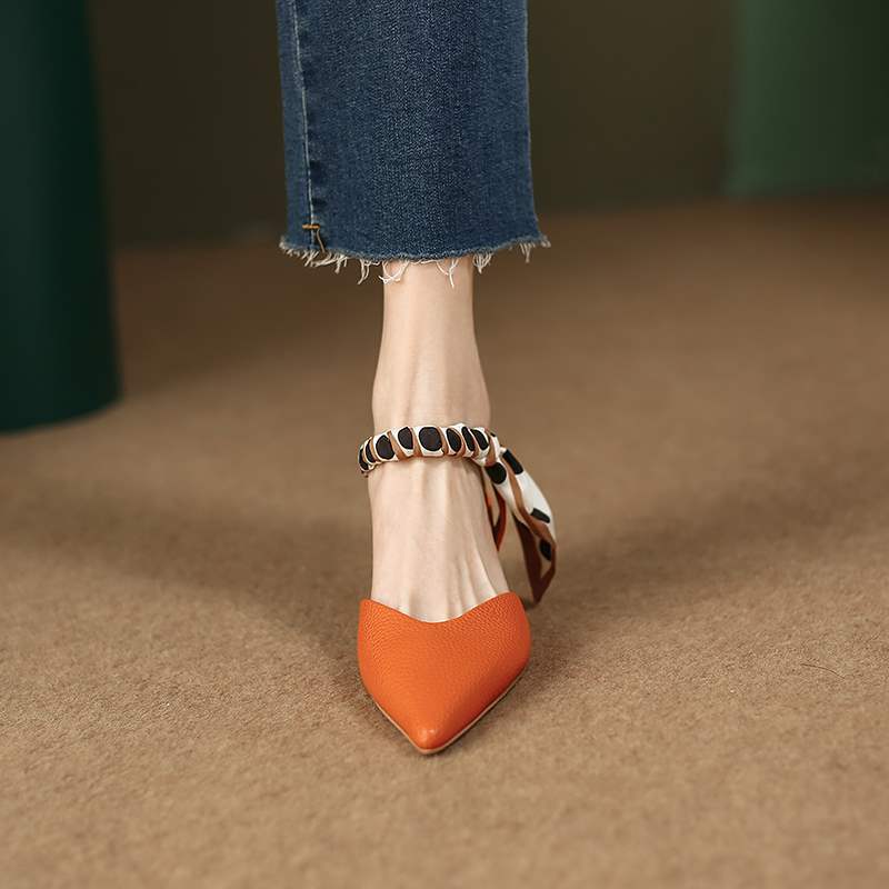 Non-extravagant giant white ~ leather sandals with covered toe female 2024 summer pointed all-match stilettos