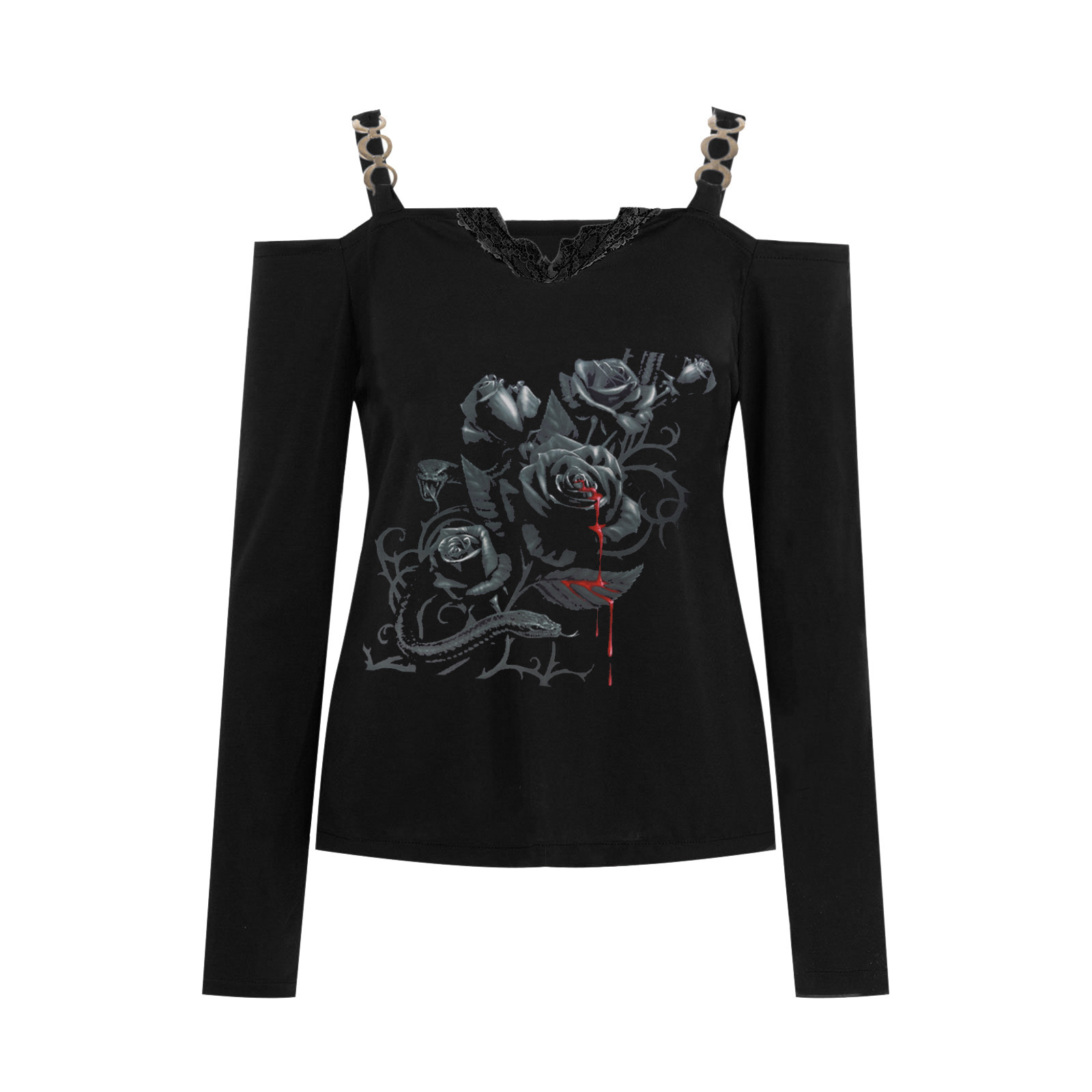 Women's T-shirt Long Sleeve T-shirts Printing Lace Sexy Human Rose Skull display picture 6