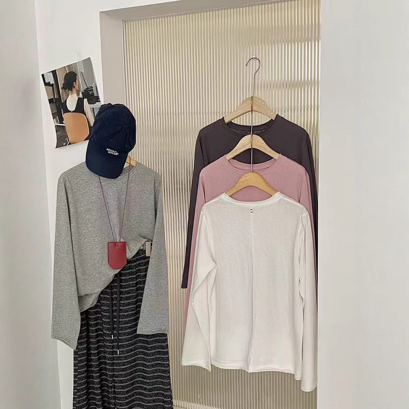25秋季新款 后背明线拼接刺绣棉宽松毛边打底衫T恤女简约宽松上衣|undefined