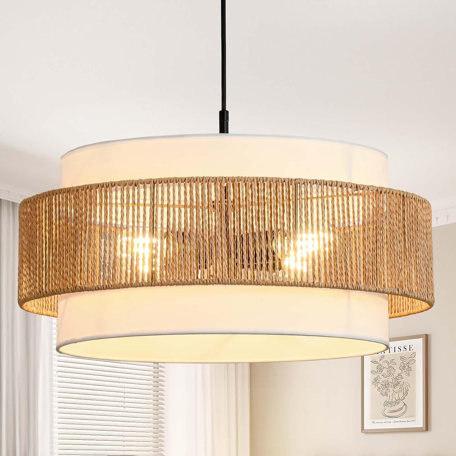 跨境农舍藤枝吊灯波西米亚风灯具带布灯罩适用于餐厅客厅厨房岛