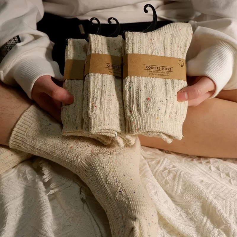 秋冬新款日系粗线彩点纱原棉双针女袜 复古怀旧暗纹百搭高邦棉袜