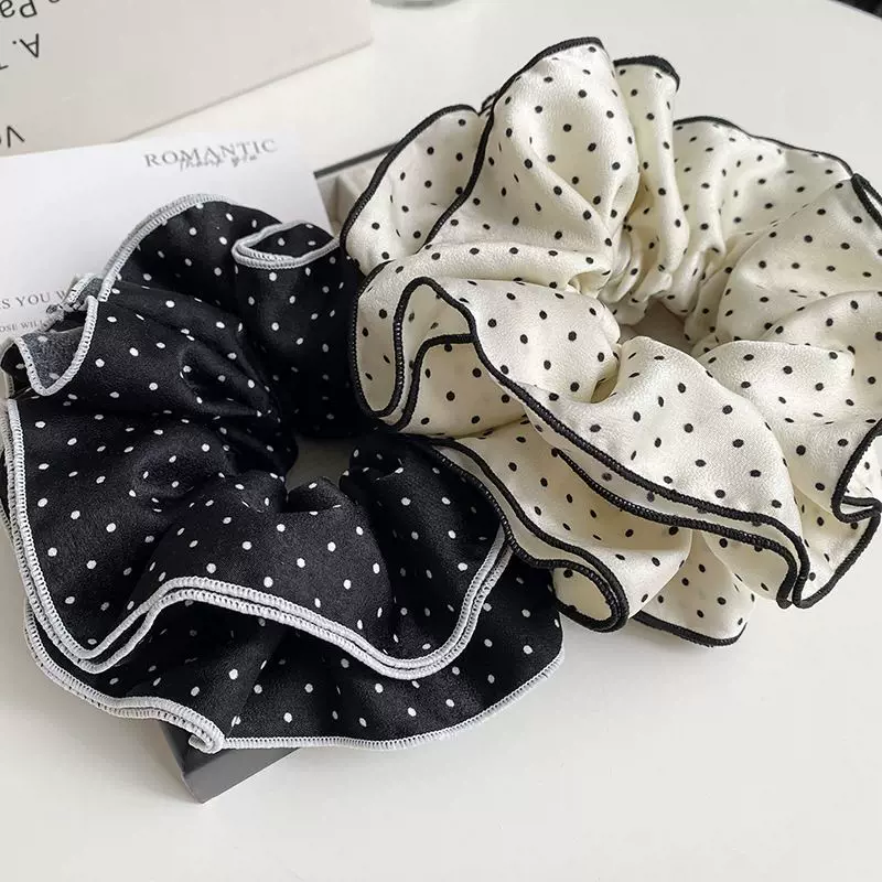 双层白色云朵波点大肠发圈气质复古包边头绳法式简约优雅头花发饰