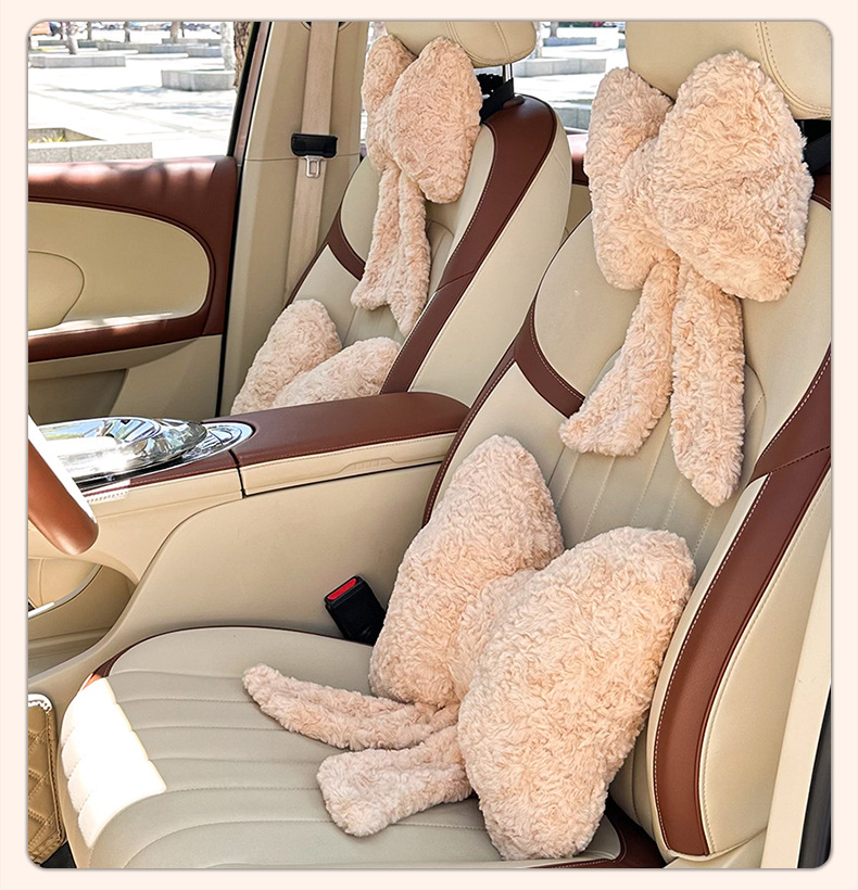 Plush Car Headrest and Lumbar Support with Cute Bow Ribbon, Car Neck Pillow, Lumbar Support Cushion, Car Seat Cushion