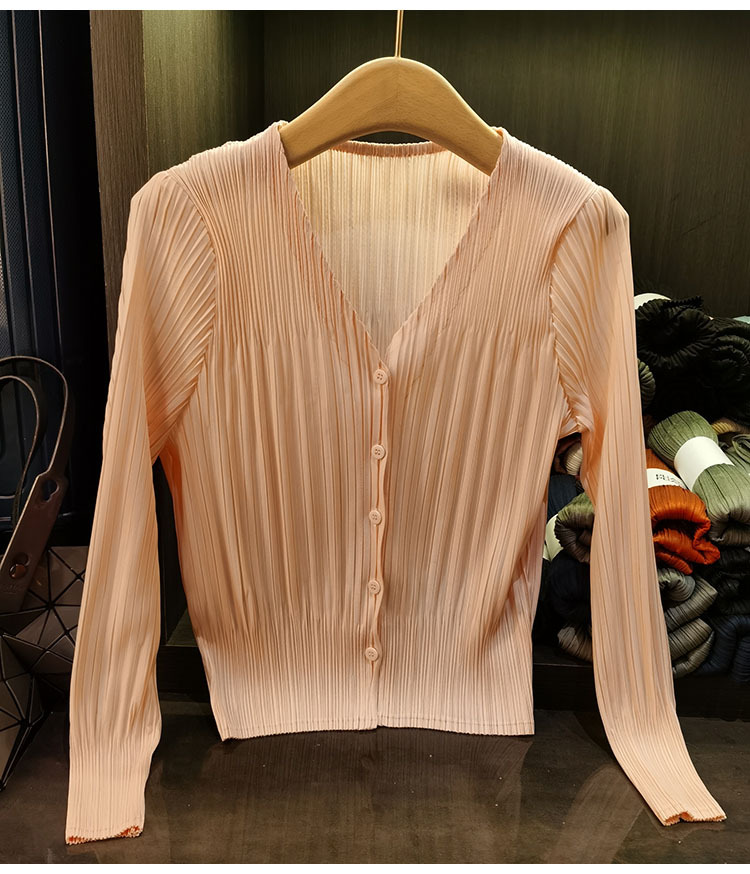 Áo cardigan cổ chữ V dáng ngắn tay dài mới xuân hè — Màu xanh lam nhạt, Màu đen, Màu tím nhạt, Màu hồng chi tiết 15