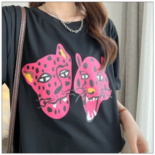 8601 T-Shirt Leopard Head Cute Printed Short-Sleeved Shirt Summer Plus Size Women's Fat mm Korean Style Simple t 150kg Wearable