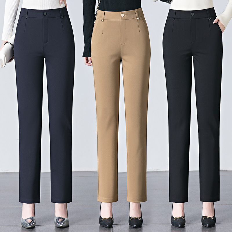 Straight-Leg Baguette Pants Casual Pants for Women 2026 Spring Cotton-Lined Elastic High-Waisted Middle-Aged Mom Cigarette Pants Long Trousers