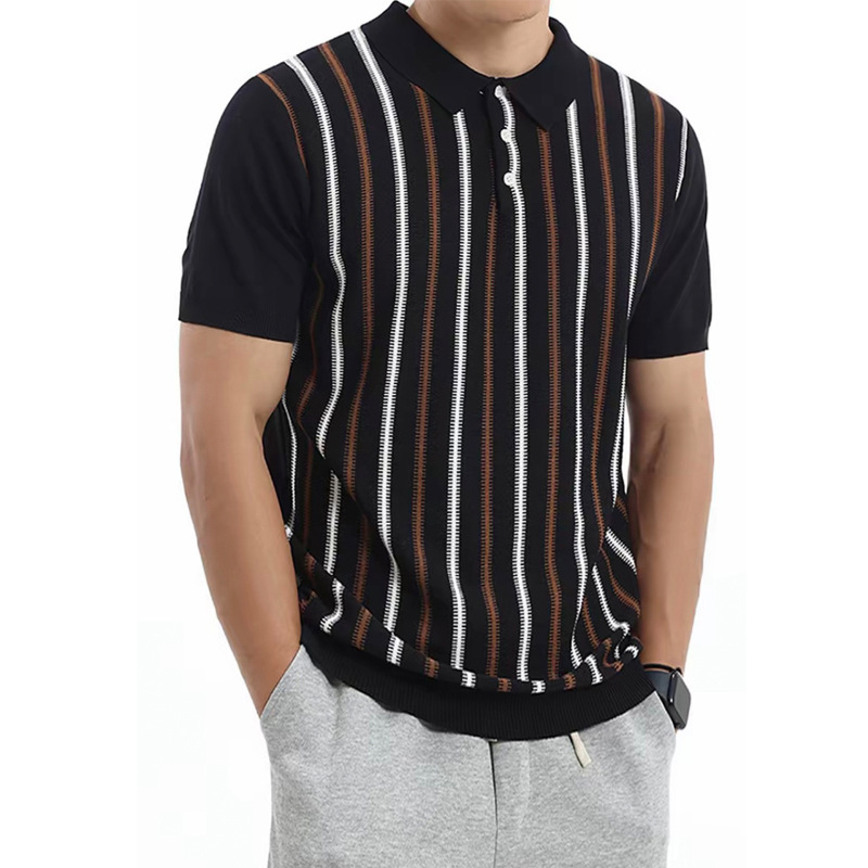 Polo camiseta de punto camiseta de manga corta camiseta de hombre solapa vertical rayas viejos negocios hielo seda fábrica transfronteriza al por mayor