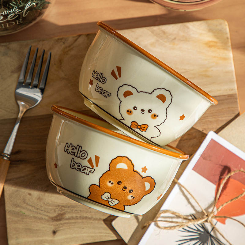Especially Beautiful Rice Bowl Ceramic Eating Bowl Household Small Bowl 2024 New Bowl Set Cute Bear Tableware