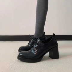现货版~复古气质高跟小皮鞋圆头通勤粗跟单鞋女系带小个子乐福鞋