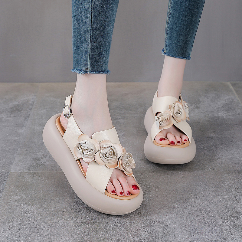 Sandal hở mũi nữ đế độn cao da bò, kiểu La Mã quai mảnh, gót thấp — Màu trắng be