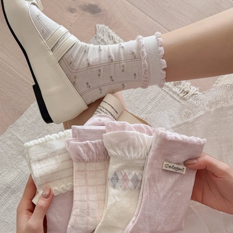 Lace Women's Mid-Calf Socks, Spring and Summer Thin Korean Style Floral Bow Polka Dot Slouch Socks, Summer Seamless Cotton Socks