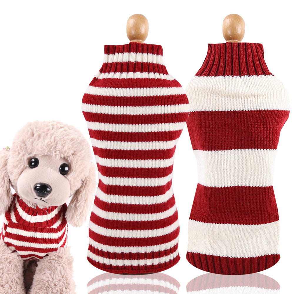 Pet dog cat clothes Teddy French Dou autumn and winter clothing supplies thick woolen red and white striped two-legged clothes