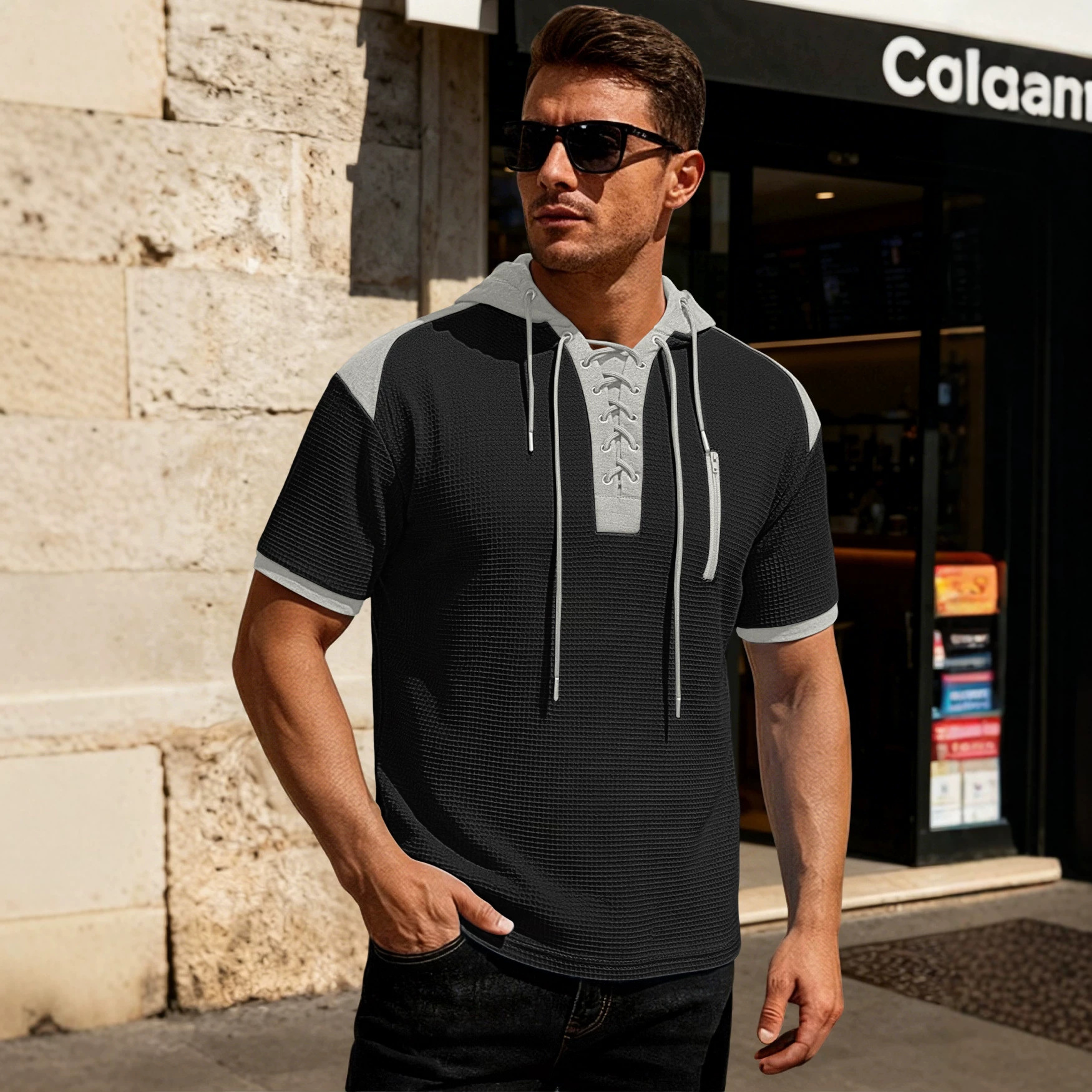 Amazon camisa europea y americana con capuchón de manga corta TK Henry camiseta europea correa de correa de correa de correa de comercio exterior camiseta deportiva casual hombre