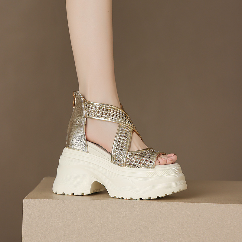 Sandal cao gót La Mã dệt quai ngang đế nêm hở mũi gót 12 cm — Màu vàng trắng, Màu đen, Màu trắng bạc