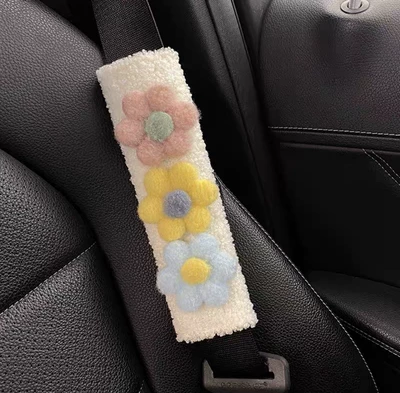 Seat belt shoulder pad, Car Seat Belt Shoulder - white-pink-yellow-light-blue-flowers-20cm7cm