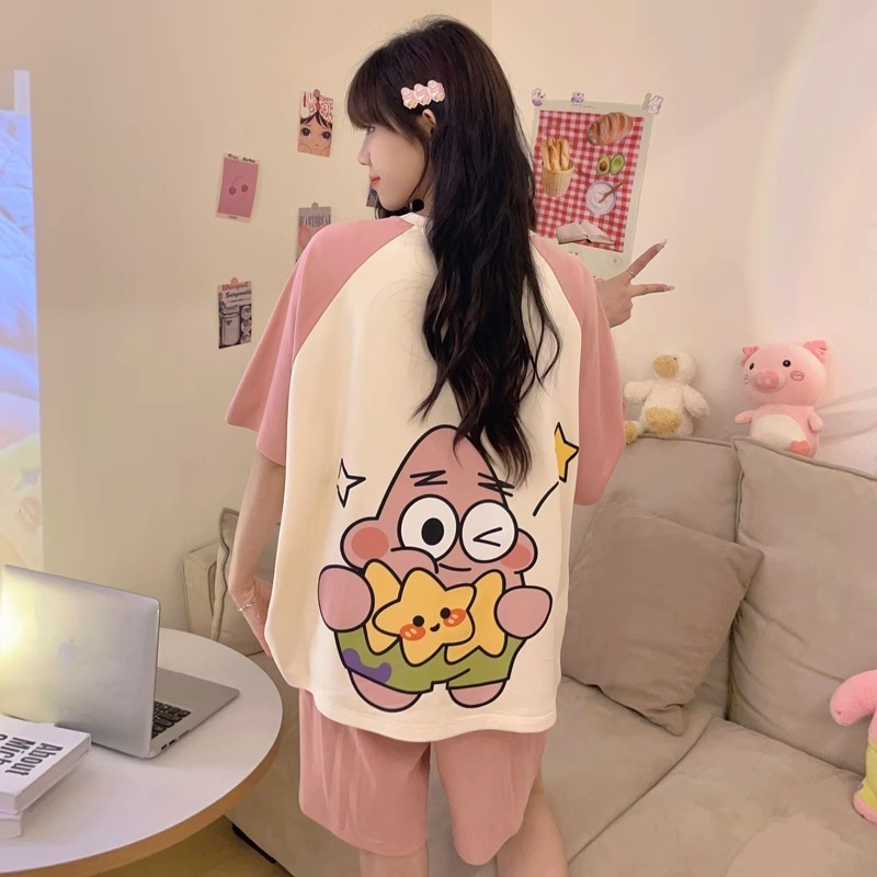 パジャマ女性の夏2025新型半袖かわいいアニメと太った大きいサイズのゆるい薄い家庭服の2セット|undefined