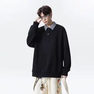 假两件格子衬衫领polo卫衣男款秋冬美式学院风cleanfit内搭打底衫