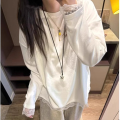 韩系高级感蕾丝花边长袖T恤女秋宽松纯棉打底衫内搭可外穿上衣