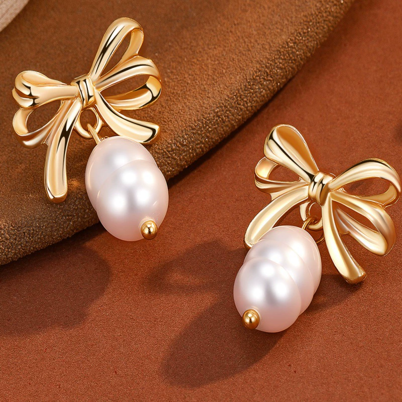 Pearl bow earrings, Japanese‑Korean style, rhinestone‑encrusted, lightweight 0.01 kg