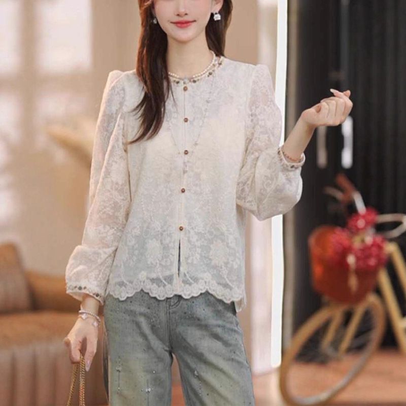 2025 Spring and Autumn Heavy Embroidery Round Neck Beaded Lace Mesh Shirt Fashionable Design Niche Blouse Available for Dropshipping