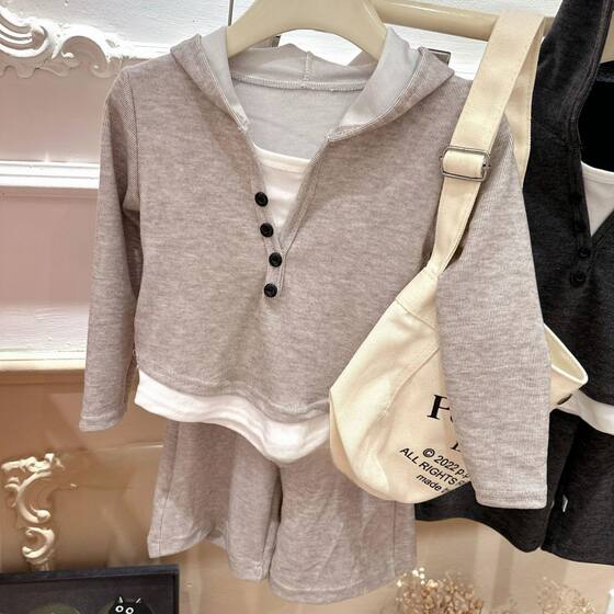 Spring and Autumn Hooded Sweatshirt Fake Two-piece Wide-leg Pants suit Fashionable All-match Western Style Autumn Children's Korean-style Pants