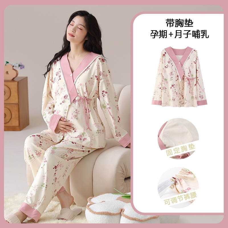 Autumn and Winter New Moon Clothing Spring and Autumn Pregnant Pure Cotton Long Sleeve with Chest Pad Sweet Pregnant Women Lactation Lace-Up Pajamas