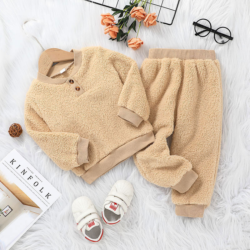 Autumn And Winter Wool Sweater Suit Solid Color Children's Round Neck Top And Trousers Two-piece display picture 10