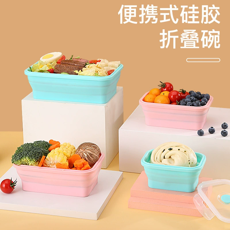 Folding food silicone, lunch box, dinner plate for camping, storage box