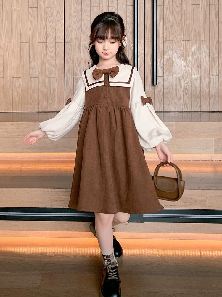 Girls' Fashion New Middle Big Children's Girls Corduroy Princess Dress Long sleeved Western Autumn and_voghion.com