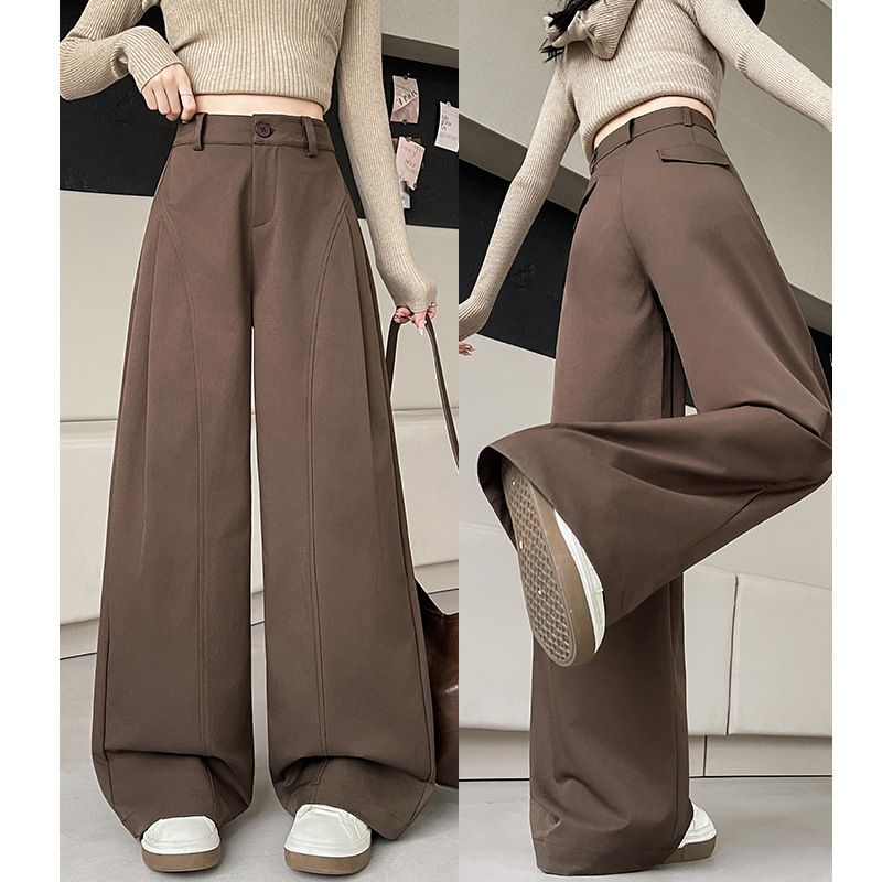 Brown Pants Loose High-Waisted Wide-Leg Pants Casual Pants Women Autumn Retro American Straight Pants Versatile Floor-Length Pants