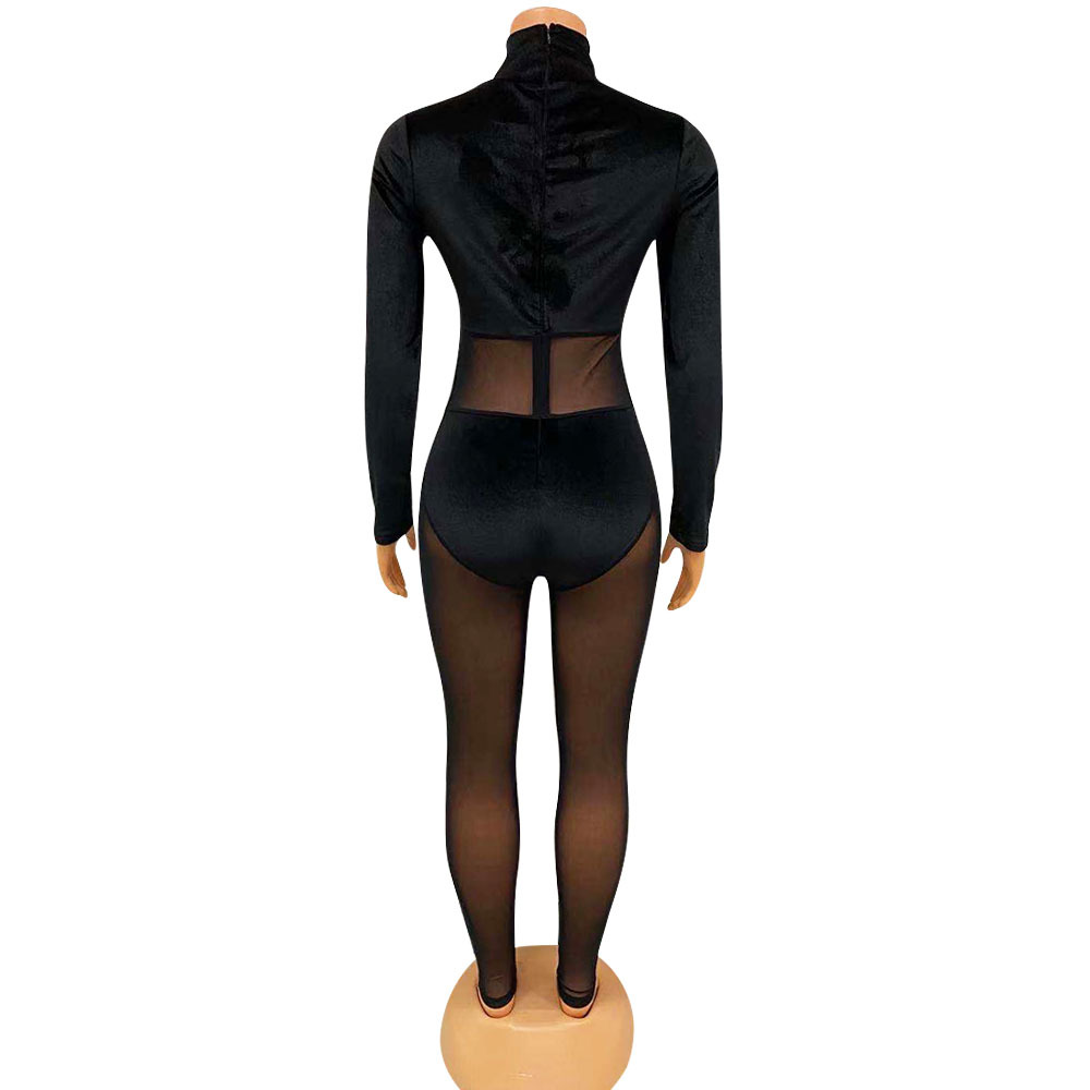 Women's fashion sexy mesh velvet splicing solid color jumpsuit_voghion.com