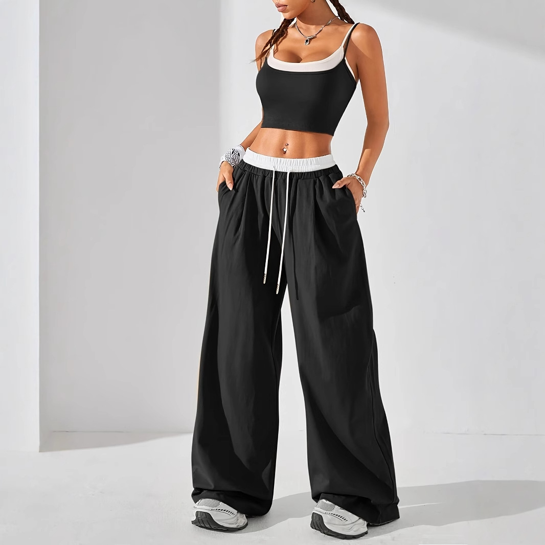2025 Cross-border Women's Summer Casual Sports Knitted Contrast Two-piece Vest and Sweatpants for suit Out
